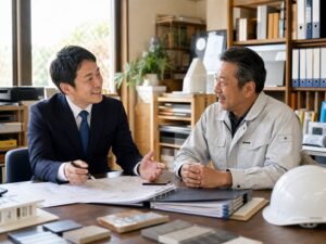 建設・設備工事会社の事務所で承継資料を確認する様子