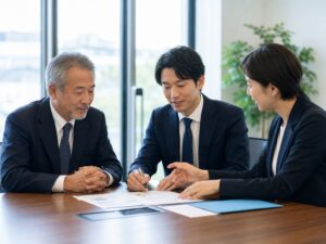 会社の引き継ぎについて面談する経営者と相談員