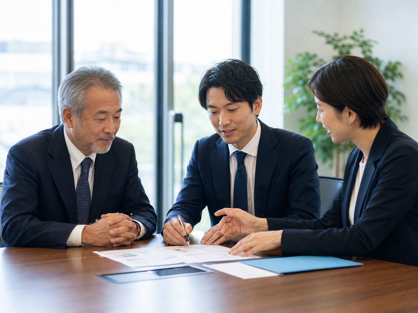 事業承継後の引き継ぎについて打ち合わせる経営者と相談員