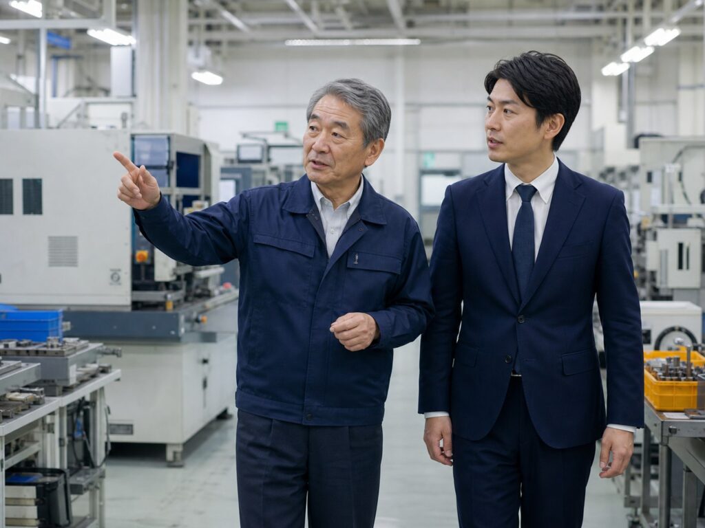 製造業の現場で事業承継について話す経営者と相談員