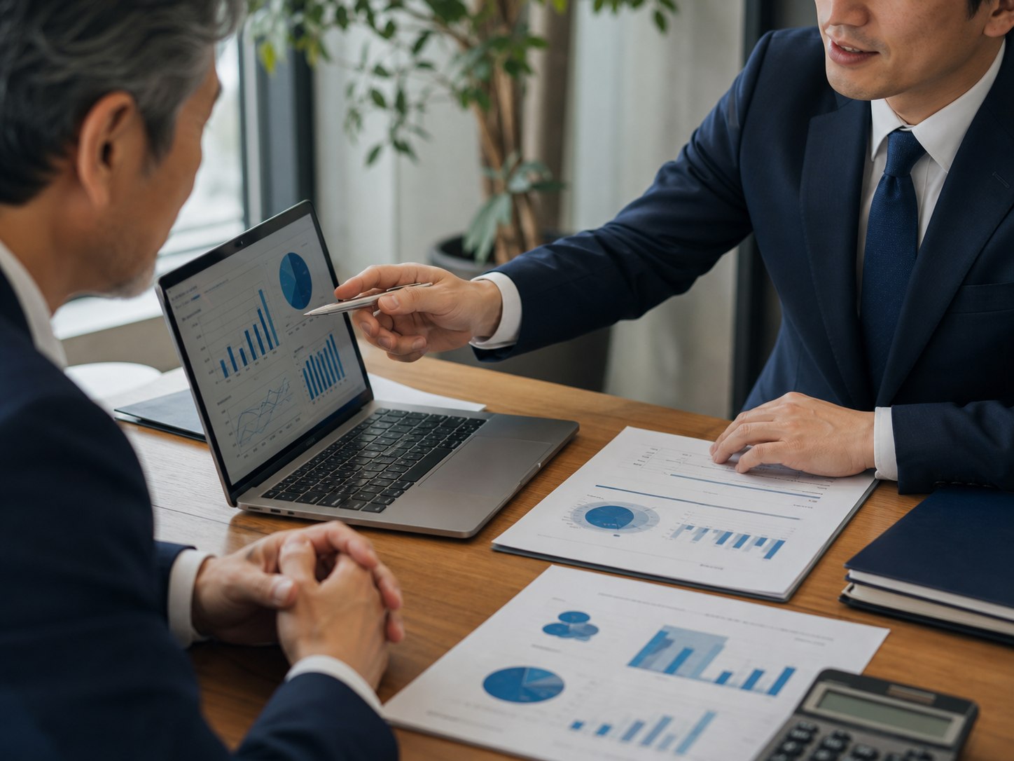 企業価値診断の資料を確認するM&A相談の場面