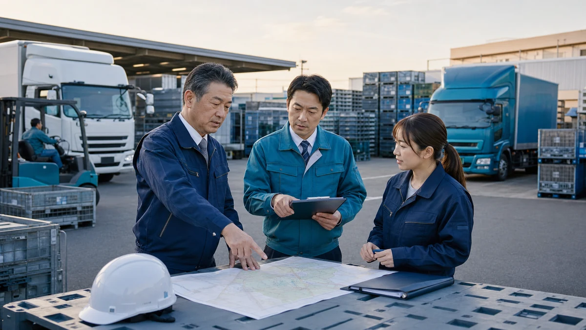 愛知県の自動車部品物流M&A公開事例を検討する日本人経営者と物流担当者、背景に一般的なトラックと物流拠点
