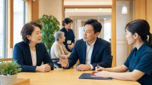 在宅介護事業の承継計画を確認する経営者と介護専門職のAI生成イメージ