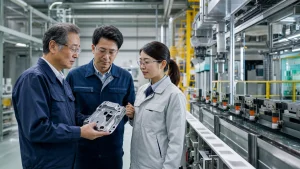 表面処理工場で設備承継を検討する製造業経営者と専門家のAI生成イメージ