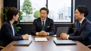豊橋の地域企業経営者がM&A仲介契約と17項目の比較表を専門担当者と確認する面談風景