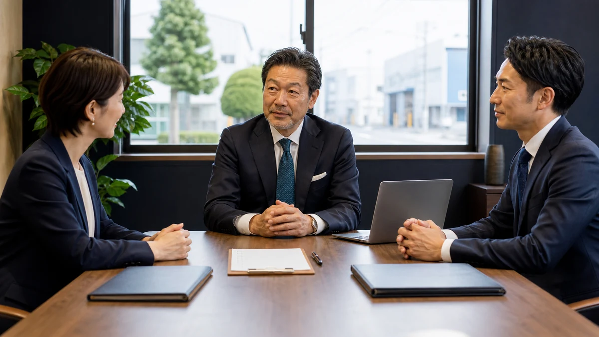 豊橋の地域企業経営者がM&A仲介契約と17項目の比較表を専門担当者と確認する面談風景