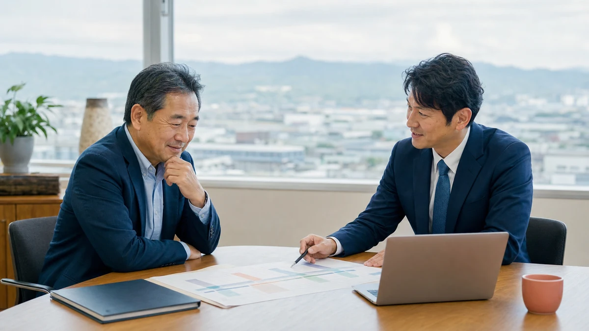 豊橋の街並みを背景に会社売却の工程表を確認する地域企業の経営者とM&A担当者